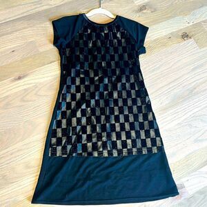 Girls Black Faux Leather and Fur Checkered Dress Size 8